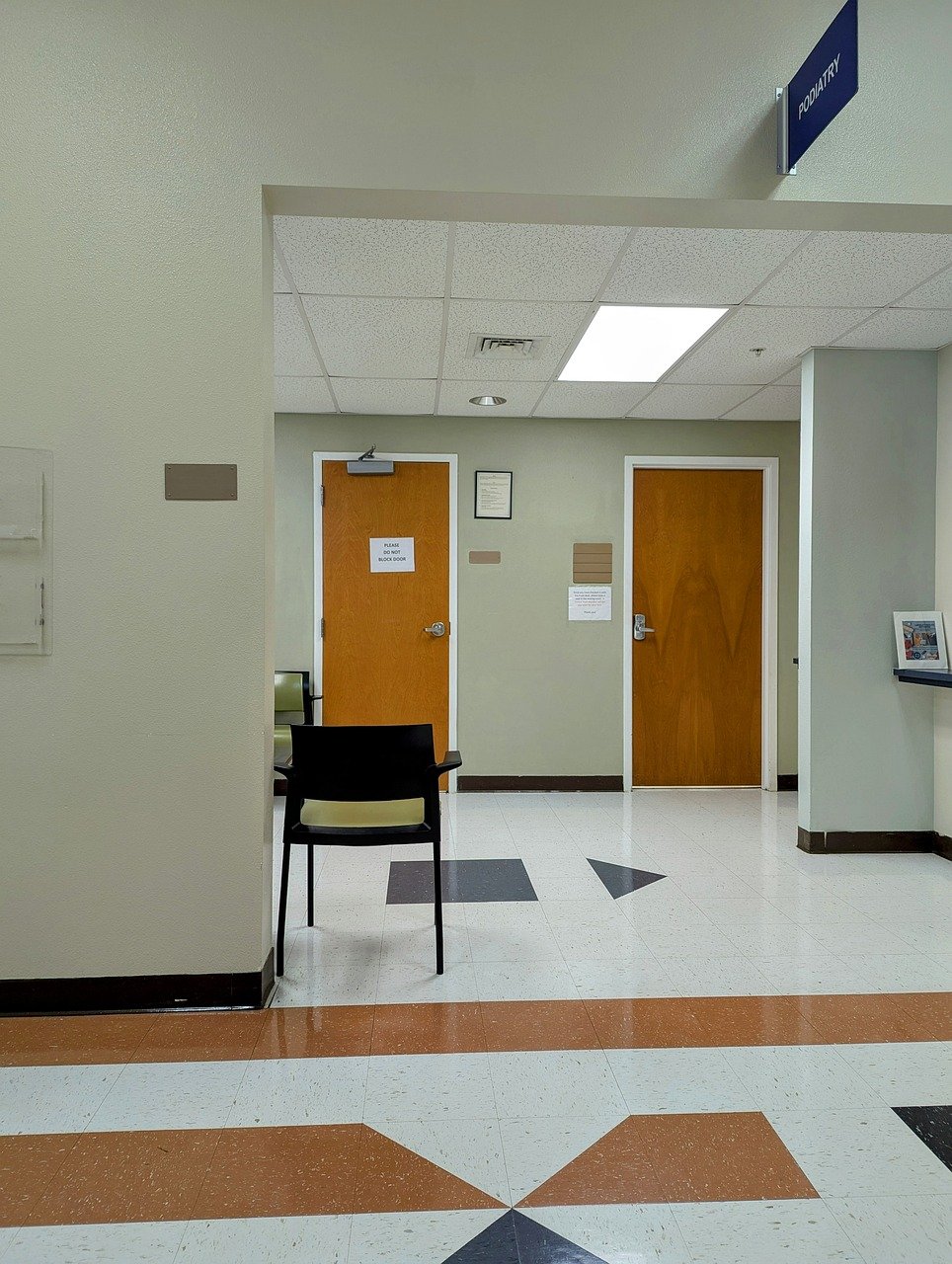 clinic, doctor, hall, signs, chairs, waiting room, sitting area, podiatrist, doorway